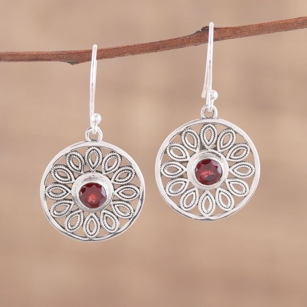 Alternate image for Circular Garnet and Silver Dangle Earrings from India Dotted Gleam