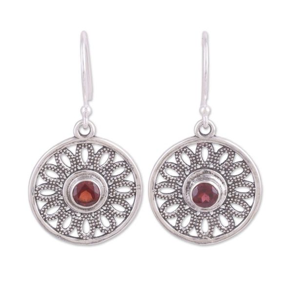Alternate image for Circular Garnet and Silver Dangle Earrings from India Dotted Gleam