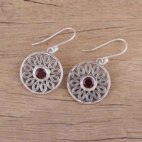 Alternate image for Circular Garnet and Silver Dangle Earrings from India Dotted Gleam