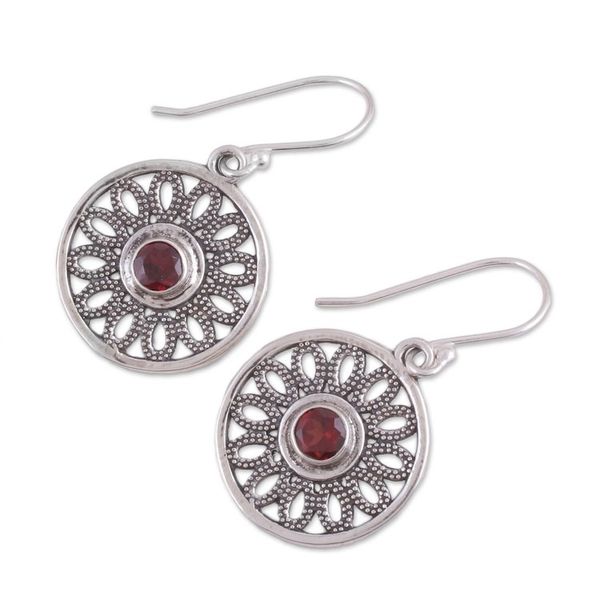Alternate image for Circular Garnet and Silver Dangle Earrings from India Dotted Gleam