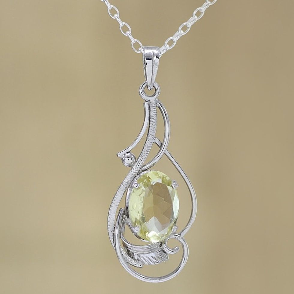 Rhodium Plated Lemon Quartz Pendant Necklace from India 'Lavish Vines'
