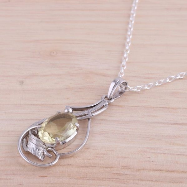 Alternate image for Rhodium Plated Lemon Quartz Pendant Necklace from India Lavish Vines