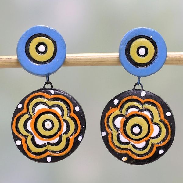 Alternate image for Hand-Painted Floral Ceramic Dangle Earrings from India Floral Eyes