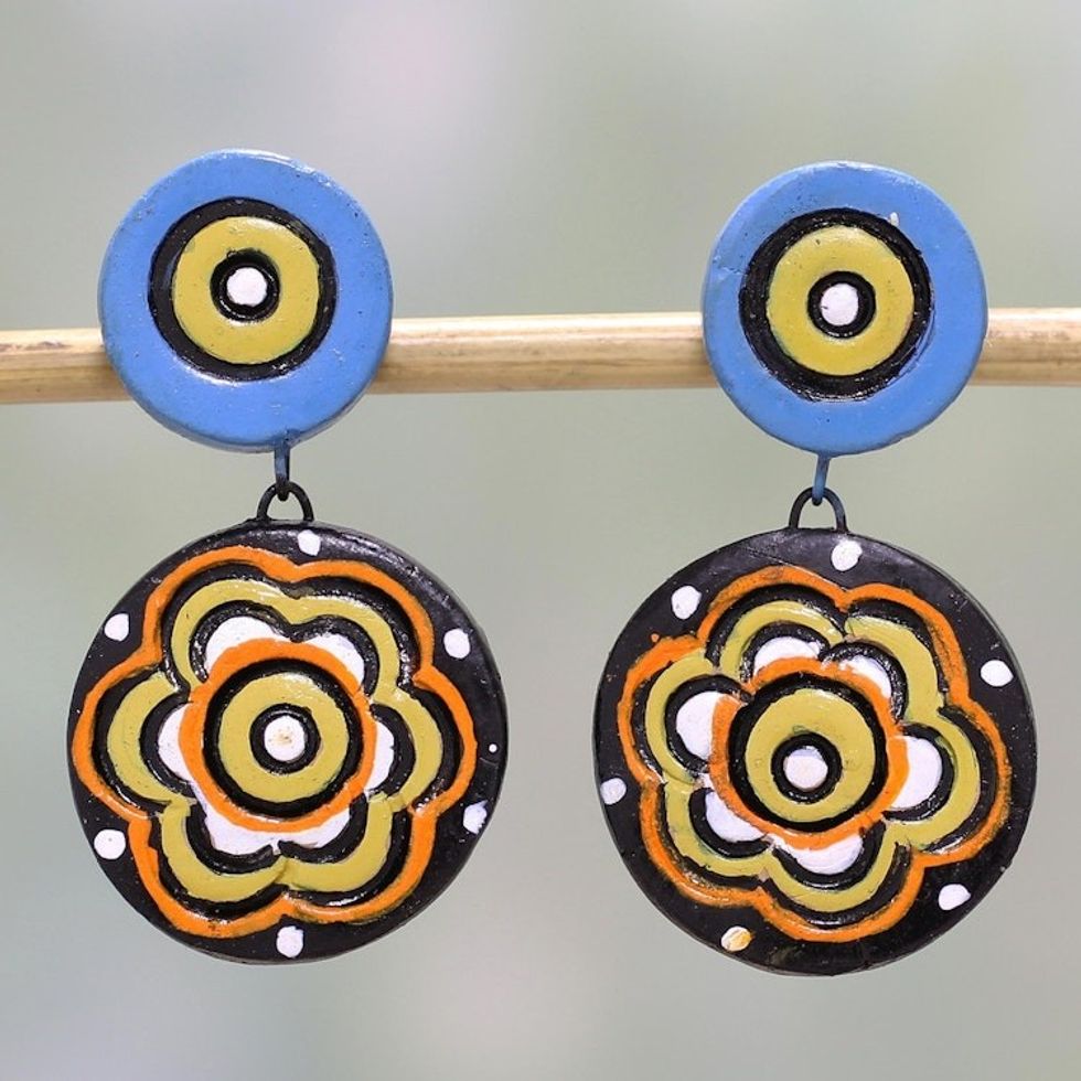 Hand-Painted Floral Ceramic Dangle Earrings from India 'Floral Eyes'