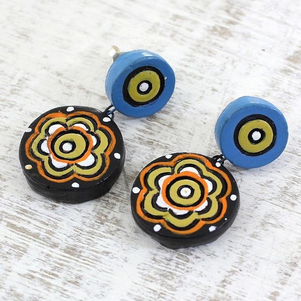 Alternate image for Hand-Painted Floral Ceramic Dangle Earrings from India Floral Eyes