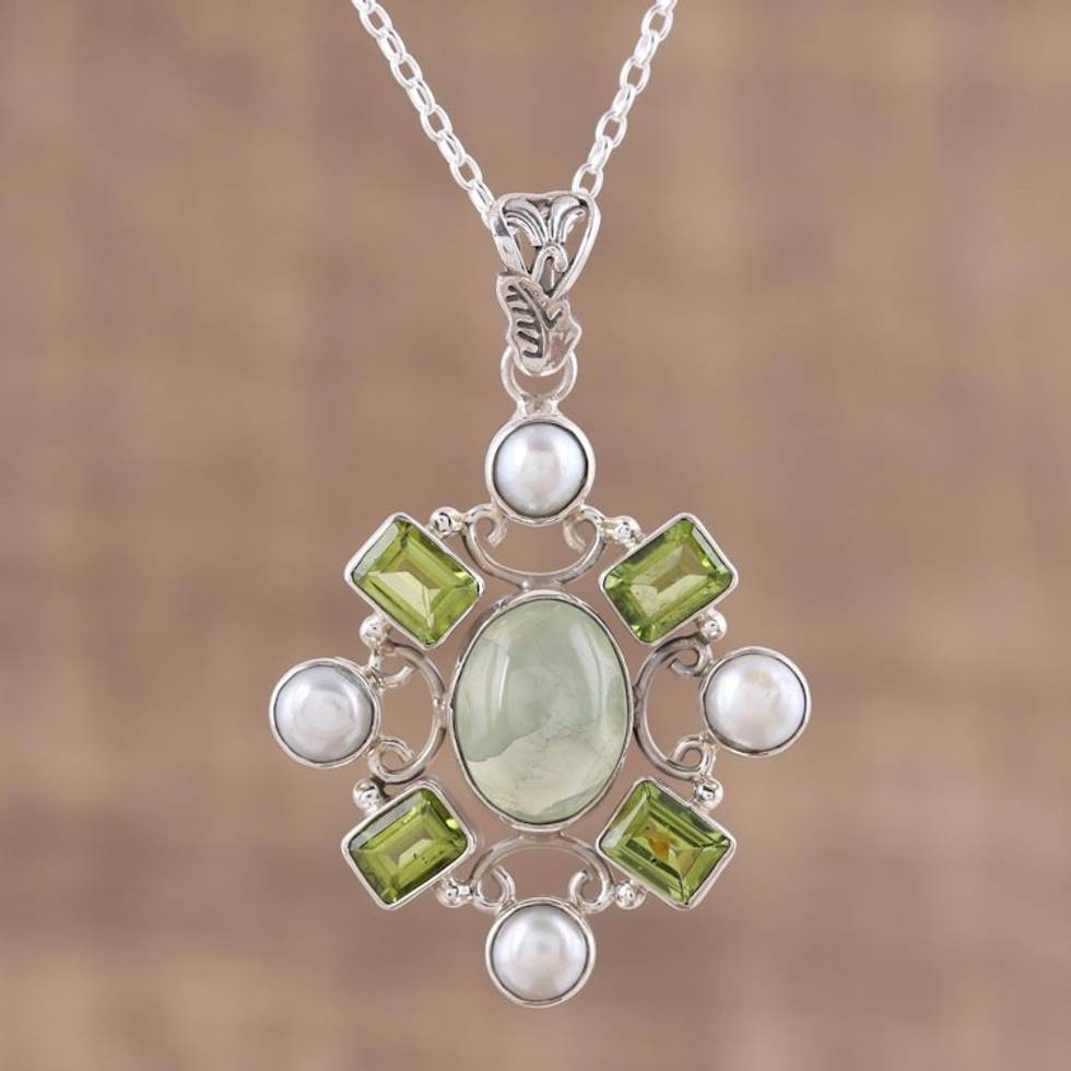 Peridot and Prehnite Pendant Necklace from India 'Alluring Style'