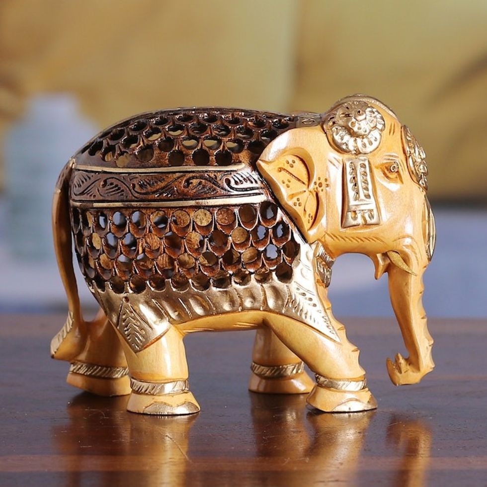 Hand-Carved Kadam Wood Sculpture of an Elephant from India 'Elephant Magnificence'