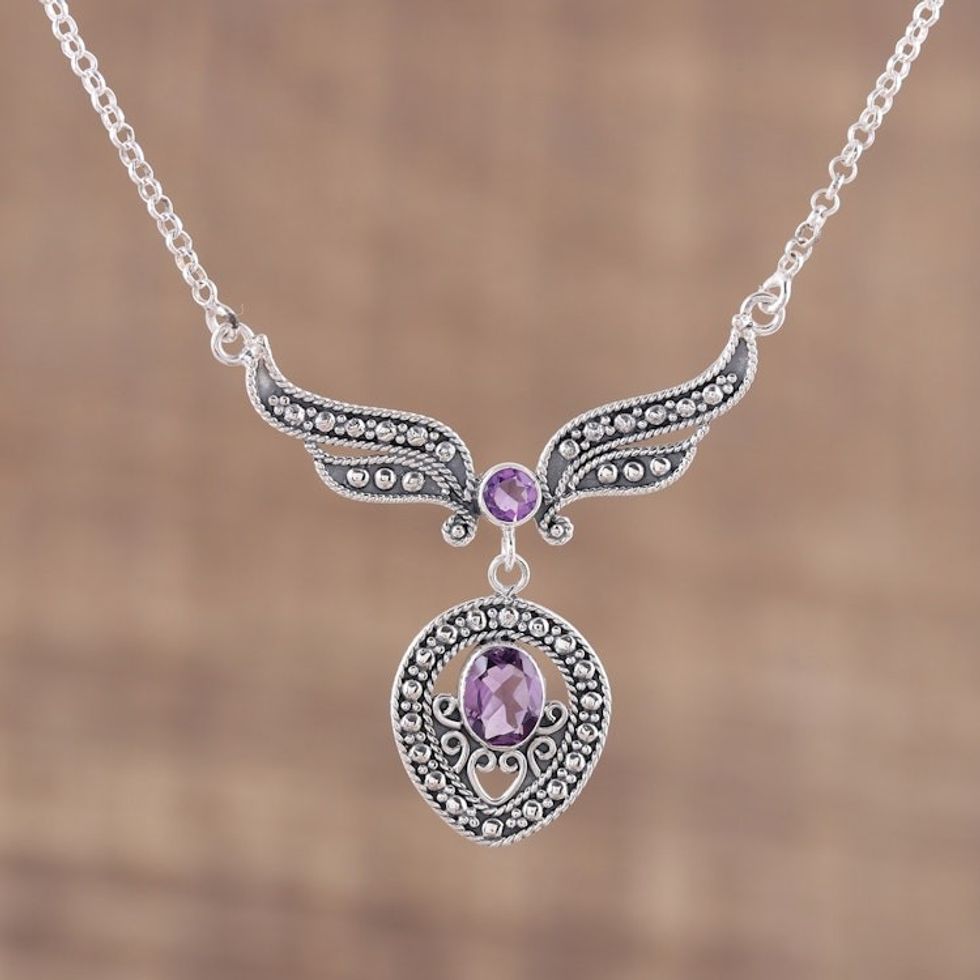 Faceted Amethyst and Silver Pendant Necklace from India 'Purple Wings'