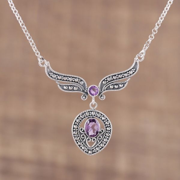 Alternate image for Faceted Amethyst and Silver Pendant Necklace from India Purple Wings
