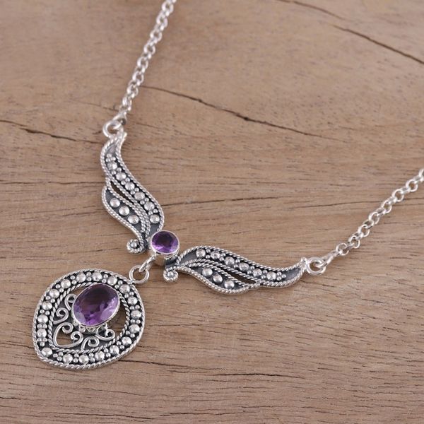 Alternate image for Faceted Amethyst and Silver Pendant Necklace from India Purple Wings