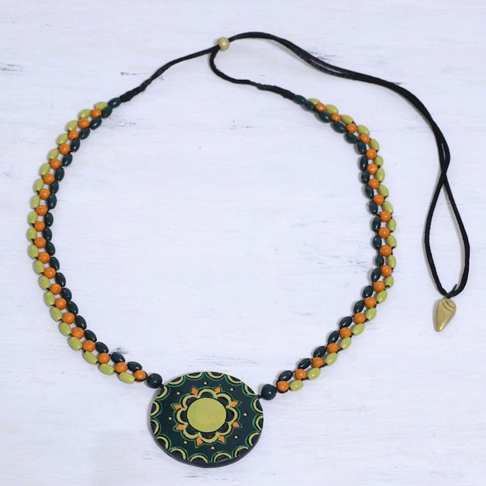 Hand Painted Indian Ceramic Beaded Necklace in Green 'Bright Essence'