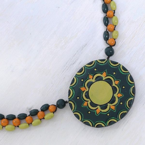 Alternate image for Hand Painted Indian Ceramic Beaded Necklace in Green Bright Essence