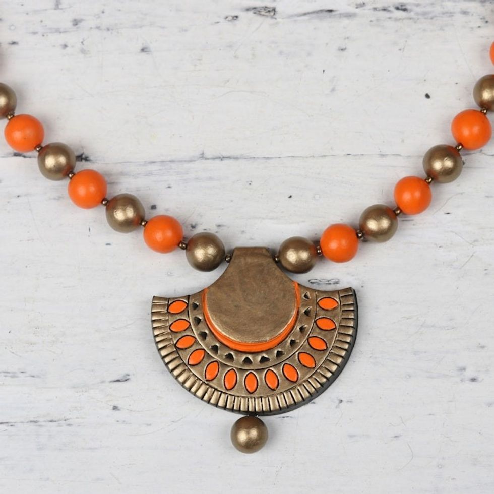 Gold and Orange Ceramic Ornate Fan Beaded Pendant Necklace 'Ornate Fans'