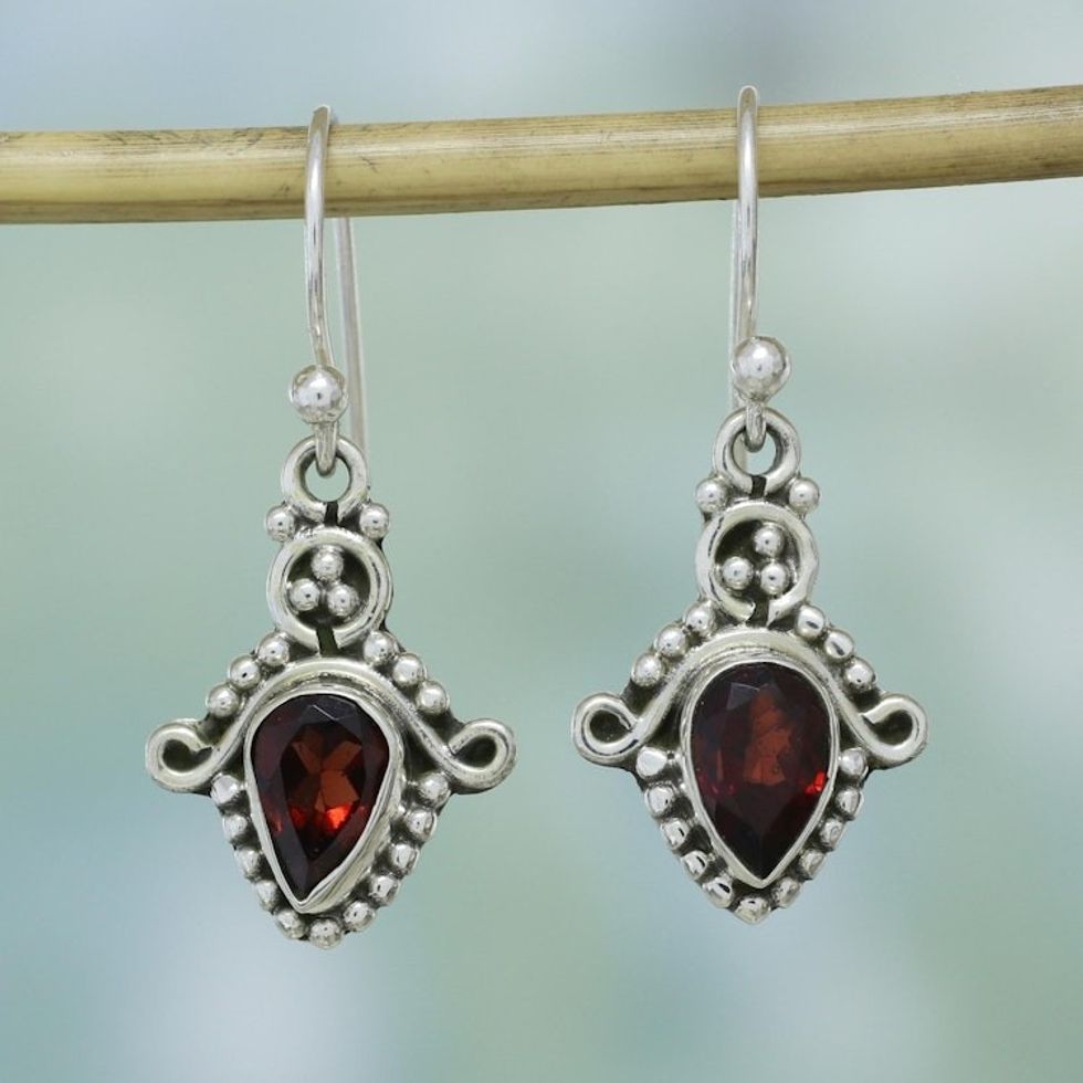 Garnet and Sterling Silver Teardrop Earrings from India 'Dotted Delight'