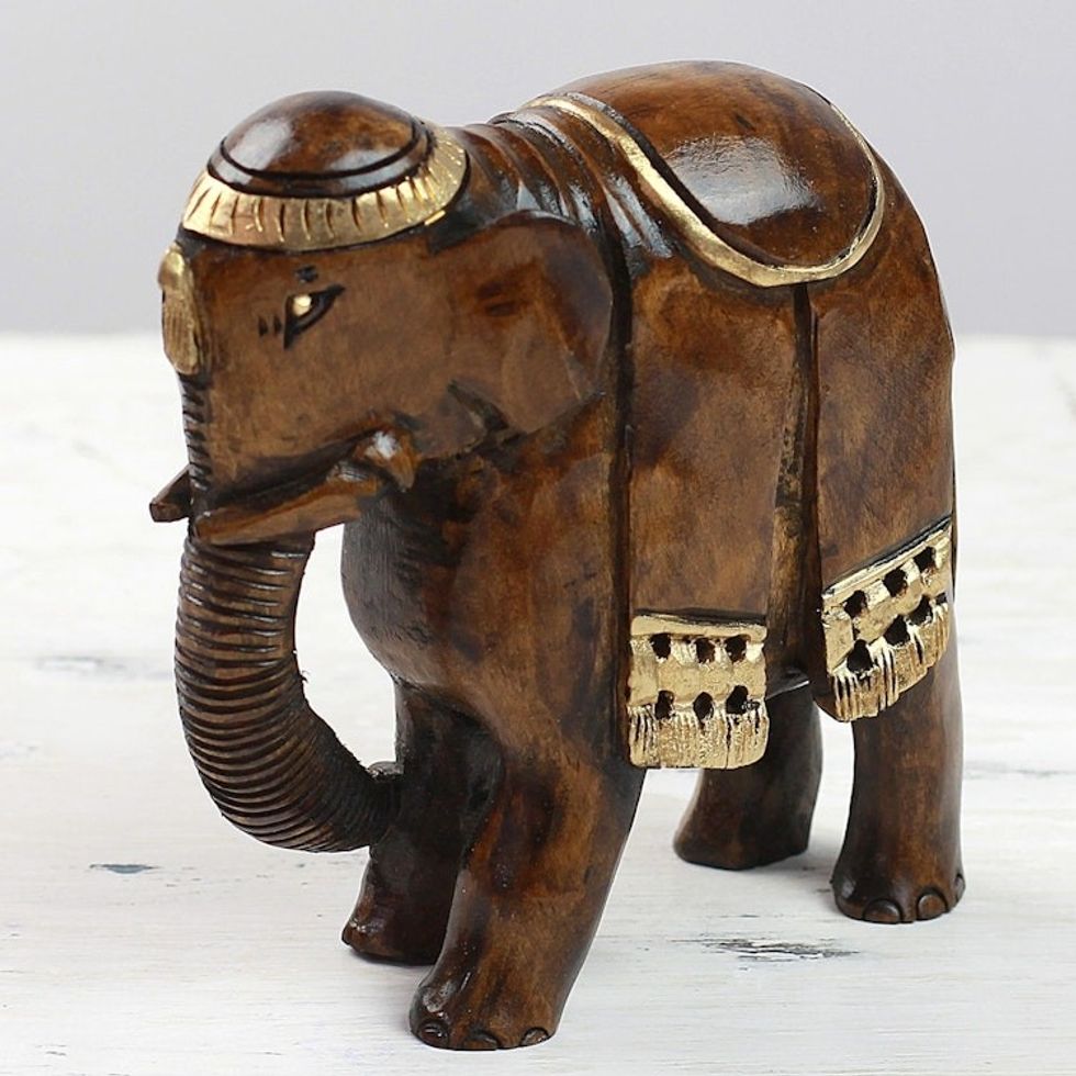 Hand Carved Kadam Wood Elephant Sculpture with Gold Tone 'King of Elephants'