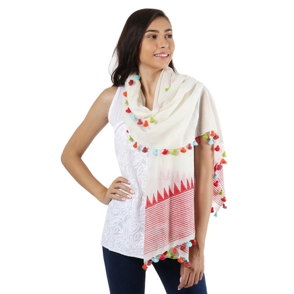Loom Woven 100 Cotton White and Red Shawl from India 'Pop of Color'