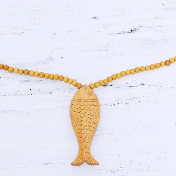Alternate image for Unisex Fish Pendant Necklace Carved from Wood Swimming Carp