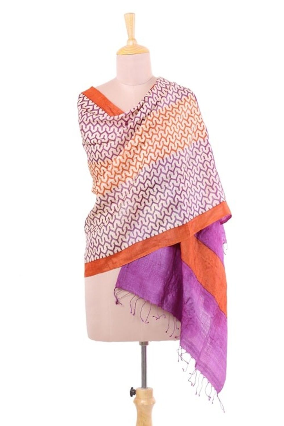 100 Indian Tussar Silk Shawl with Lavender Ginger Geometry 'Magical Beehives'