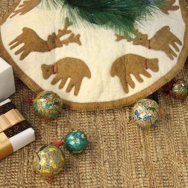 Alternate image for Handcrafted Wool Tree Skirt with Tan Reindeer from India Reindeer Carnival