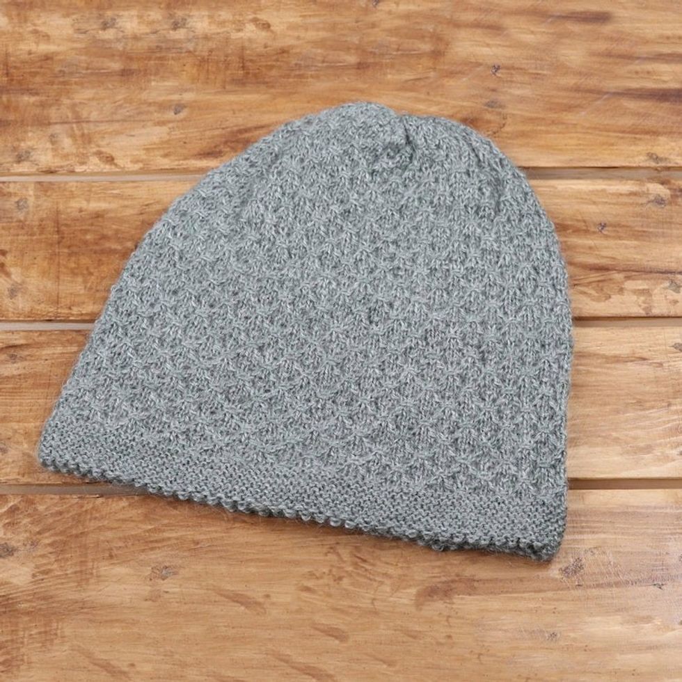 Hand Knitted Jade Green Wool Blend Hat from India 'Himalayan Comfort in Jade'