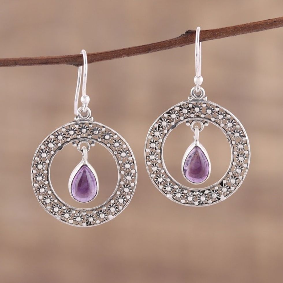 Amethyst and Sterling Silver Floral Motif Dangle Earrings 'Floral Loop in Purple'
