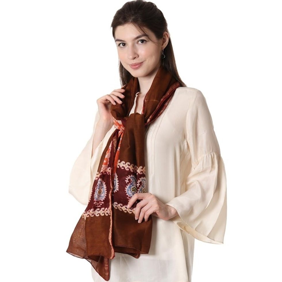 Batik Cotton and Silk Blend Shawl with Coffee Paisley Motifs 'Coffee Morning'