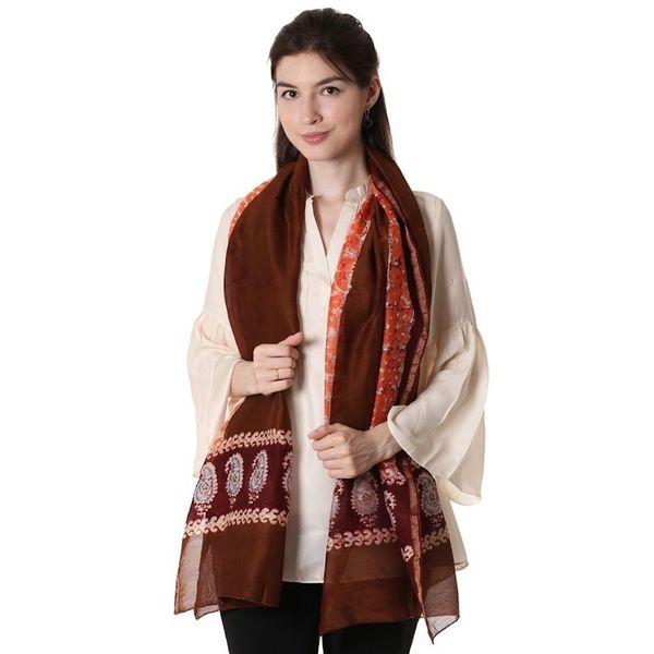 Alternate image for Batik Cotton and Silk Blend Shawl with Coffee Paisley Motifs Coffee Morning