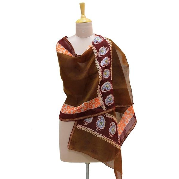 Alternate image for Batik Cotton and Silk Blend Shawl with Coffee Paisley Motifs Coffee Morning