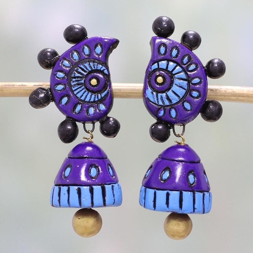 Hand-Painted Ceramic Dangle Earrings in Blue from India 'Grandiose Sky'