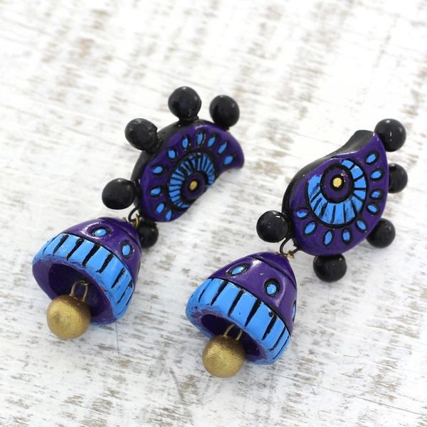 Alternate image for Hand-Painted Ceramic Dangle Earrings in Blue from India Grandiose Sky
