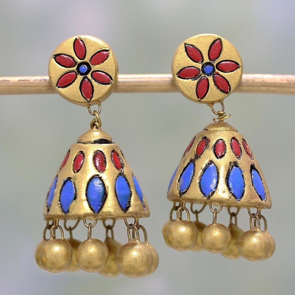 Hand-Painted Floral Ceramic Dangle Earrings in Gold Tone 'Glorious Gold'