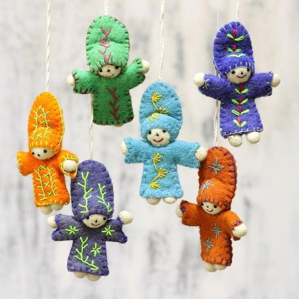 Alternate image for Six Colorful Wool Doll Ornaments from India Dancing Dolls
