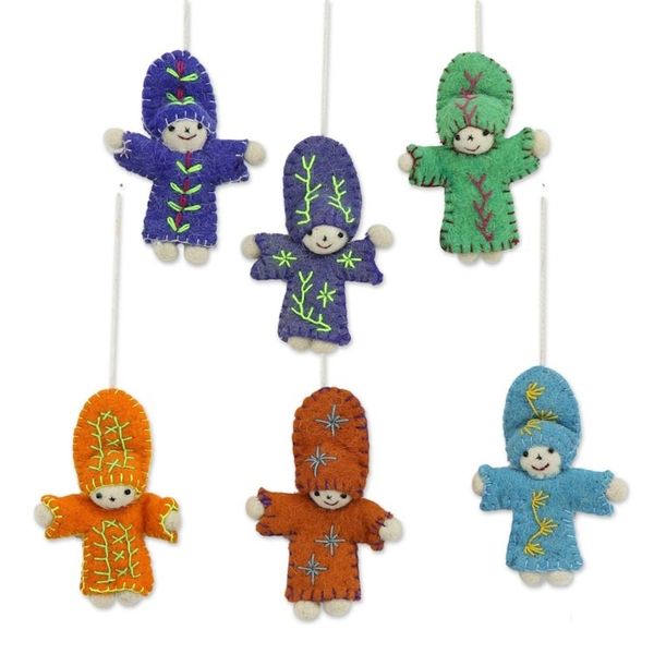 Alternate image for Six Colorful Wool Doll Ornaments from India Dancing Dolls