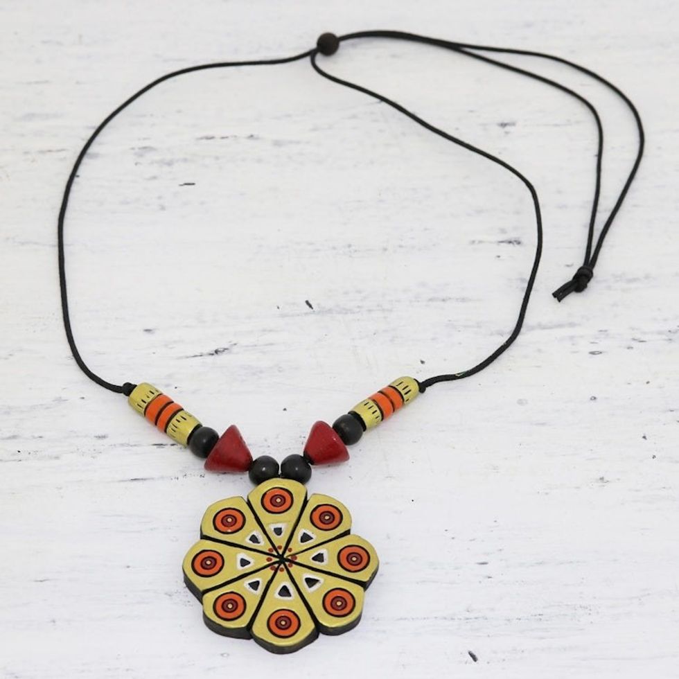 Hand Crafted Ceramic Pendant Necklace from India 'Golden Floral Abstraction'