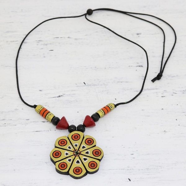 Alternate image for Hand Crafted Ceramic Pendant Necklace from India Golden Floral Abstraction