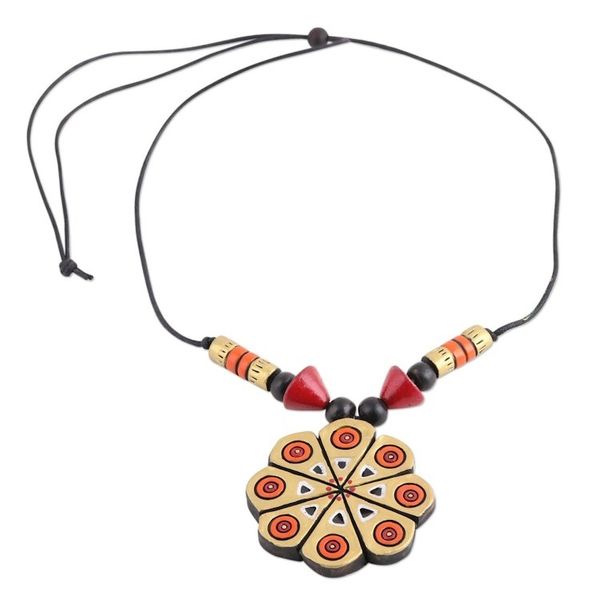 Alternate image for Hand Crafted Ceramic Pendant Necklace from India Golden Floral Abstraction