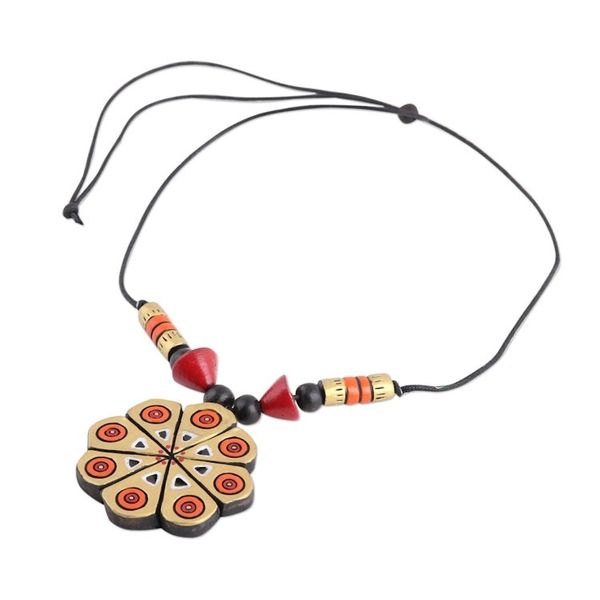 Alternate image for Hand Crafted Ceramic Pendant Necklace from India Golden Floral Abstraction