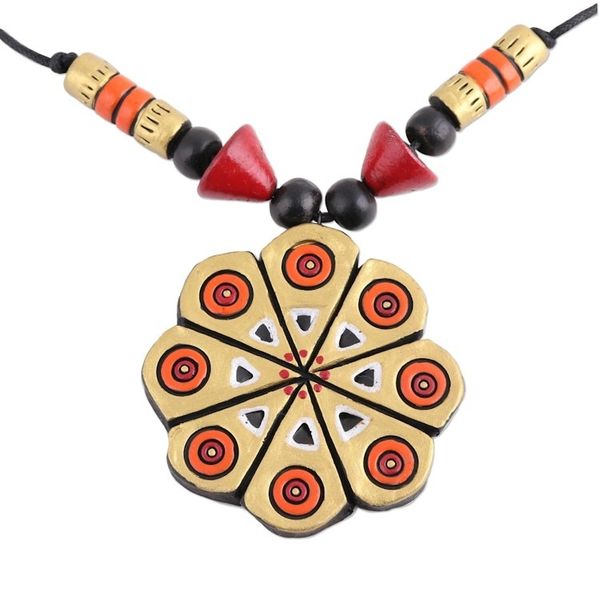 Alternate image for Hand Crafted Ceramic Pendant Necklace from India Golden Floral Abstraction