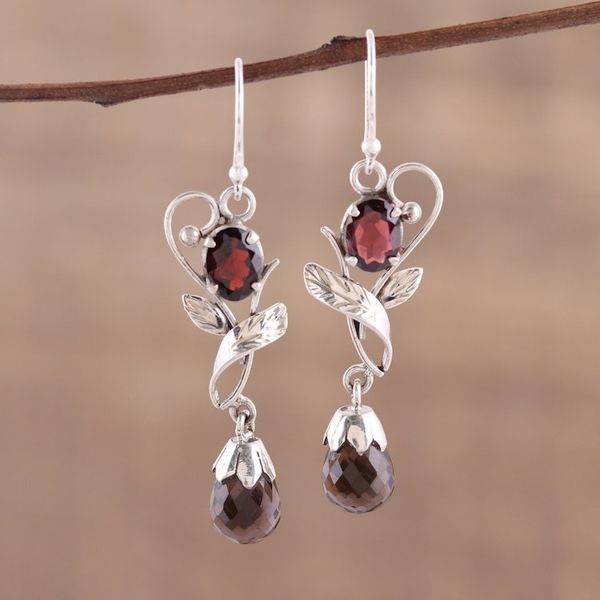 Alternate image for Leaf Motif Smoky Quartz and Garnet Earrings from India Dusk Romance