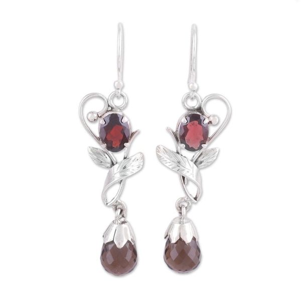 Alternate image for Leaf Motif Smoky Quartz and Garnet Earrings from India Dusk Romance