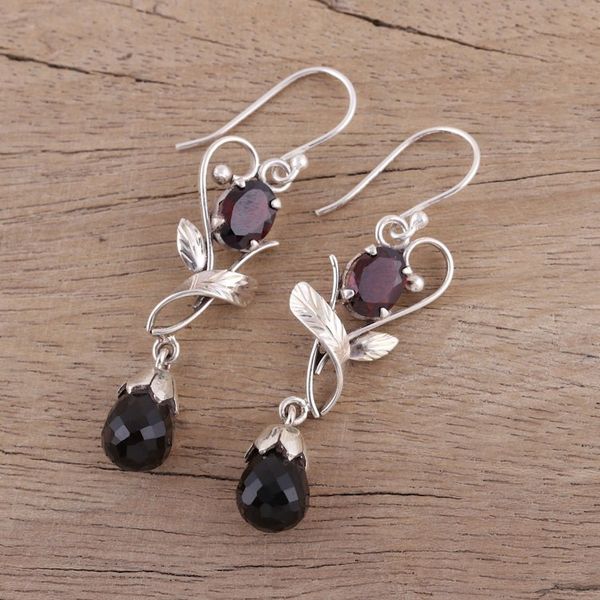 Alternate image for Leaf Motif Smoky Quartz and Garnet Earrings from India Dusk Romance