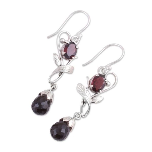 Alternate image for Leaf Motif Smoky Quartz and Garnet Earrings from India Dusk Romance