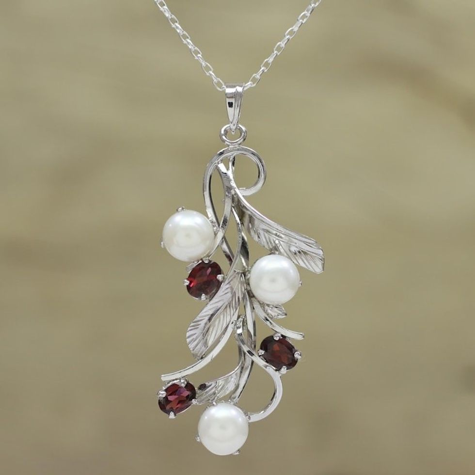 Cultured Pearl and Faceted Garnet Necklace from India 'Blissful Nature'