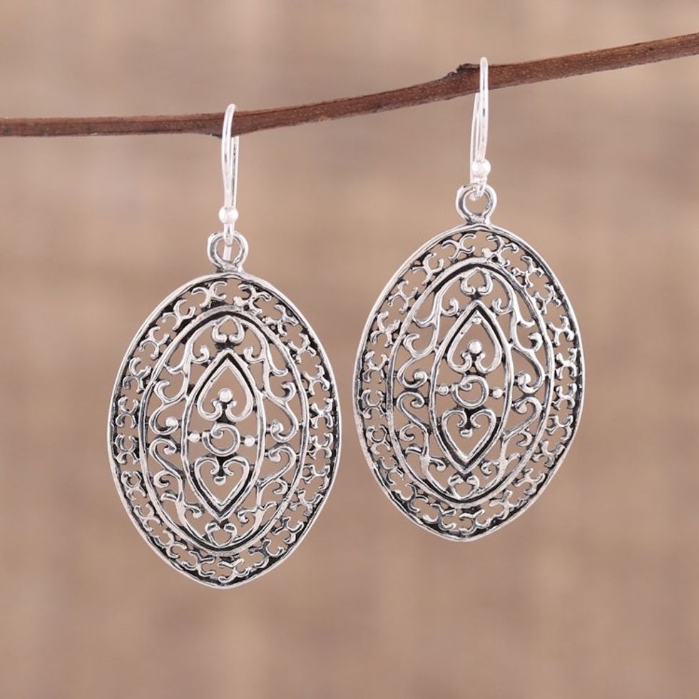 Sterling Silver Dangle Earrings with Jali Motif from India 'Jali Allure'