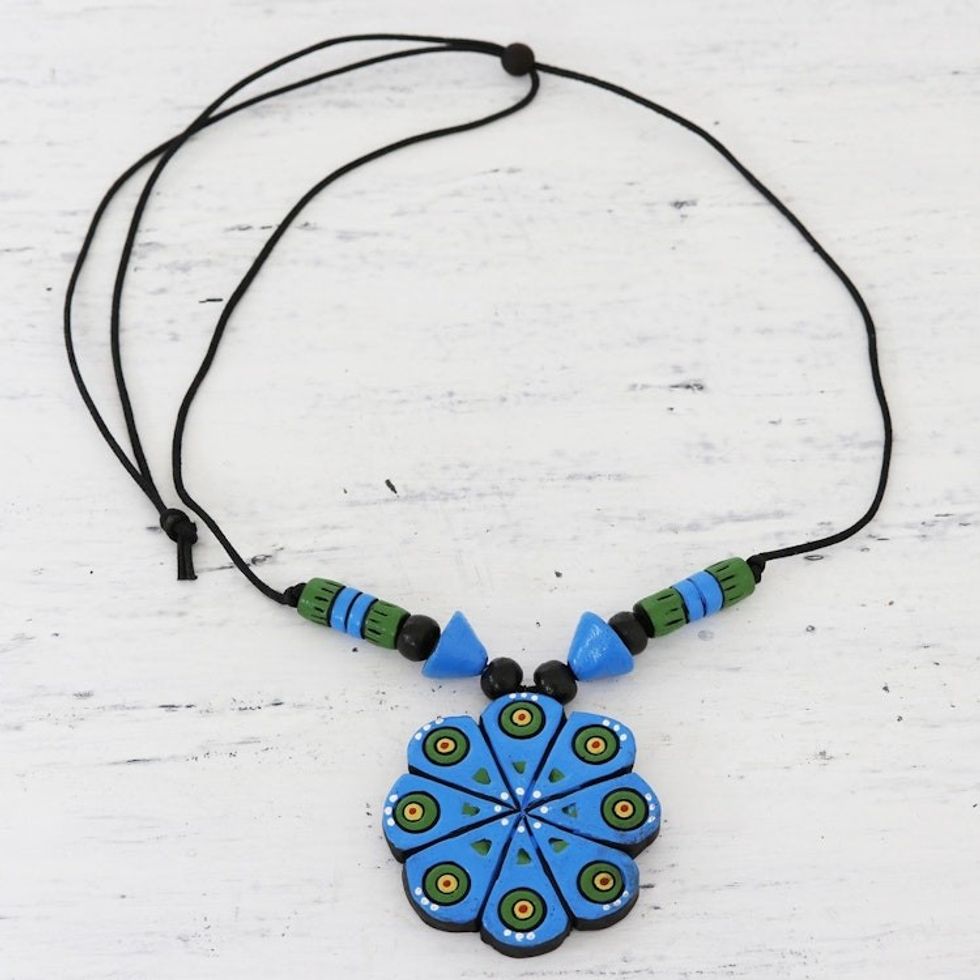 Hand Crafted Ceramic Pendant Necklace from India 'Blue Floral Abstraction'