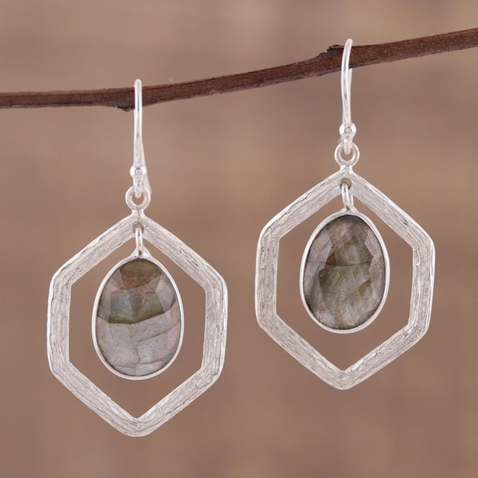 925 Sterling Silver and Labradorite Dangle Earrings 'Frozen Fire'