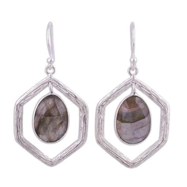 Alternate image for 925 Sterling Silver and Labradorite Dangle Earrings Frozen Fire
