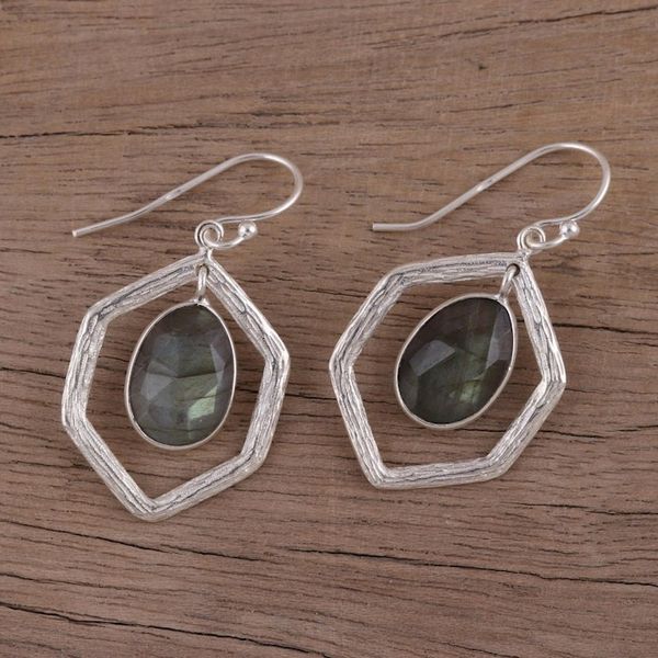 Alternate image for 925 Sterling Silver and Labradorite Dangle Earrings Frozen Fire