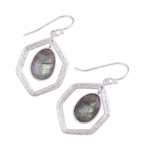 Alternate image for 925 Sterling Silver and Labradorite Dangle Earrings Frozen Fire