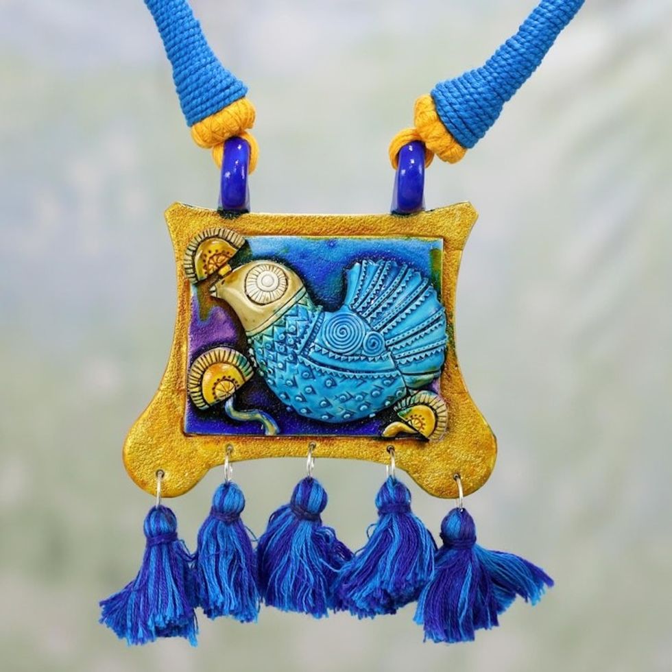 Ceramic and Cotton Bird Pendant Necklace in Blue from India 'Majestic Kingfisher'